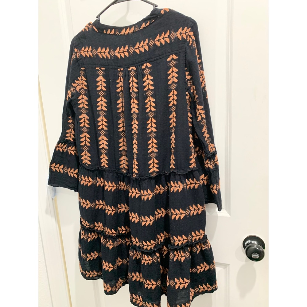 Elan Black  Embroidered Tiered Boho Mini Dress Bell Sleeve Split Neck - Picture 5 of 5